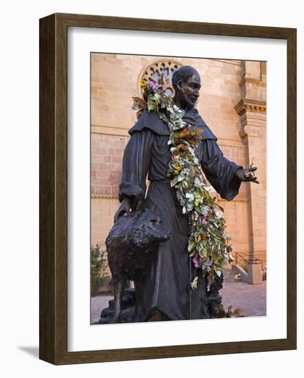 Statue of St. Francis of Assisi, St. Francis Cathedral, City of Santa Fe, New Mexico, USA-Richard Cummins-Framed Photographic Print