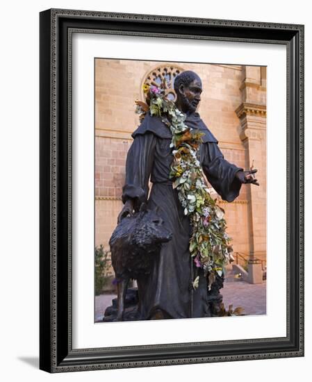 Statue of St. Francis of Assisi, St. Francis Cathedral, City of Santa Fe, New Mexico, USA-Richard Cummins-Framed Photographic Print
