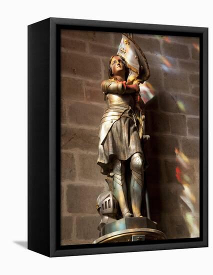 Statue of St. Joan of Arc with Coloured Light from Stained Glass, Church of Notre Dame, Vitre, Brit-Nick Servian-Framed Premier Image Canvas
