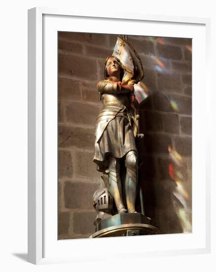 Statue of St. Joan of Arc with Coloured Light from Stained Glass, Church of Notre Dame, Vitre, Brit-Nick Servian-Framed Photographic Print