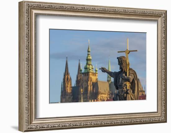Statue of St. John the Baptist on the Charles Bridge with the Prague Castle and St. Vitus Cathedral-Tom Haseltine-Framed Photographic Print