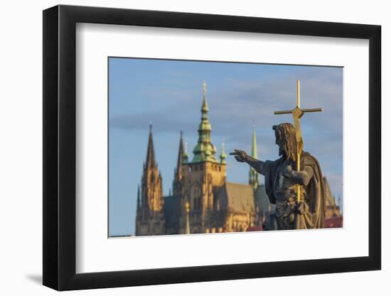 Statue of St. John the Baptist on the Charles Bridge with the Prague Castle and St. Vitus Cathedral-Tom Haseltine-Framed Photographic Print