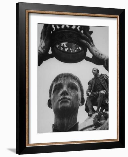 Statue of William Shakespeare Looking Down on Prince Hal in Gardens Beside the Avon River-Hank Walker-Framed Photographic Print