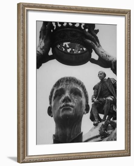 Statue of William Shakespeare Looking Down on Prince Hal in Gardens Beside the Avon River-Hank Walker-Framed Photographic Print