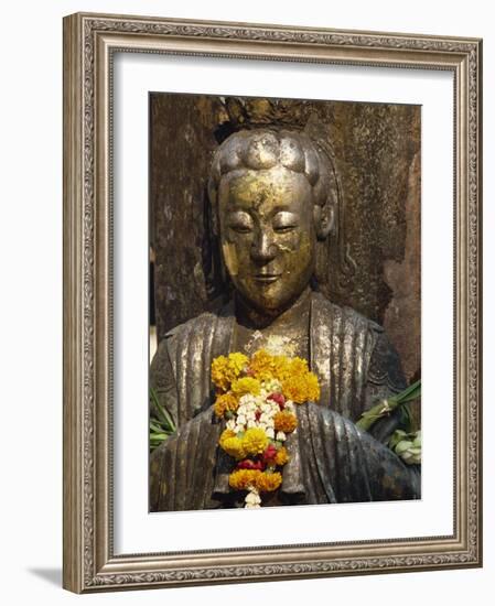 Statue with Offering of Marigold Flowers, Emerald Buddha Temple, Bangkok, Thailand, Southeast Asia-Alain Evrard-Framed Photographic Print