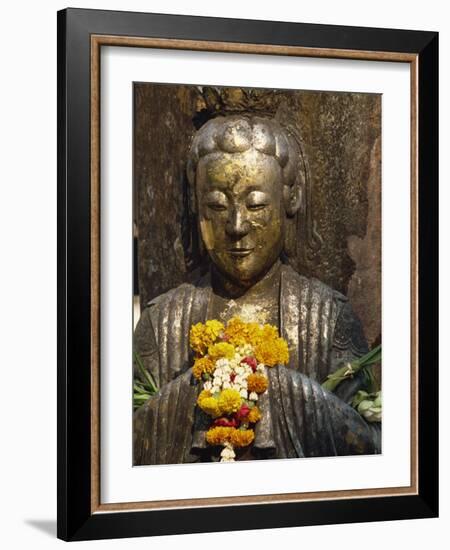 Statue with Offering of Marigold Flowers, Emerald Buddha Temple, Bangkok, Thailand, Southeast Asia-Alain Evrard-Framed Photographic Print