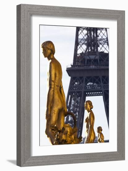 Statues of the Palais De Chaillot with the Eiffel Tower in the Background, Paris, France-Julian Castle-Framed Photographic Print