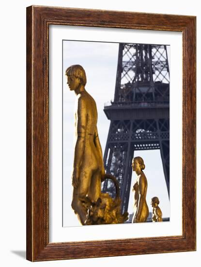 Statues of the Palais De Chaillot with the Eiffel Tower in the Background, Paris, France-Julian Castle-Framed Photographic Print