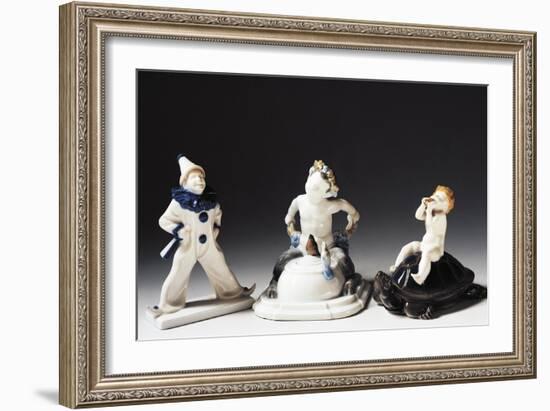 Statuettes of Bacchus, Pierrot and Putto, Ceramic-null-Framed Giclee Print