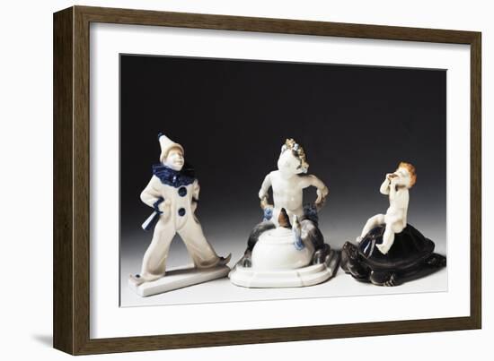 Statuettes of Bacchus, Pierrot and Putto, Ceramic-null-Framed Giclee Print