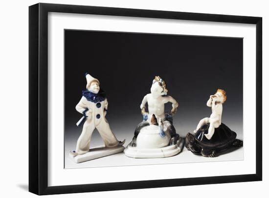 Statuettes of Bacchus, Pierrot and Putto, Ceramic-null-Framed Giclee Print