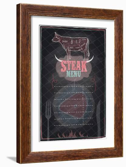 Steak Menu Chalkboard Design with Cow Steak Diagram-Selenka-Framed Art Print