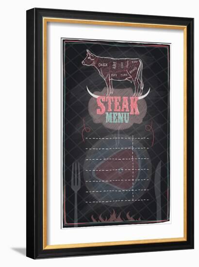 Steak Menu Chalkboard Design with Cow Steak Diagram-Selenka-Framed Art Print