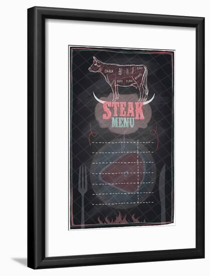 Steak Menu Chalkboard Design with Cow Steak Diagram-Selenka-Framed Premium Giclee Print