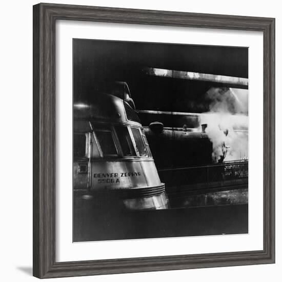 Steam and Diesel Engine at the Union Station, Chicago, c.1943-Jack Delano-Framed Photo