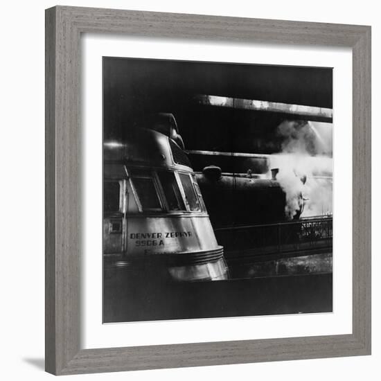 Steam and Diesel Engine at the Union Station, Chicago, c.1943-Jack Delano-Framed Photo