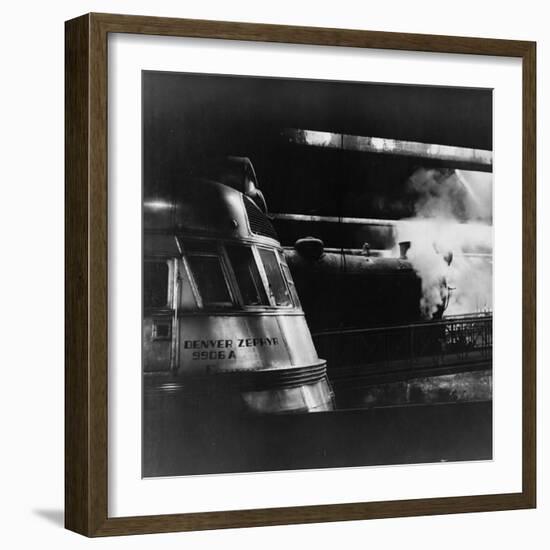 Steam and Diesel Engine at the Union Station, Chicago, c.1943-Jack Delano-Framed Photo