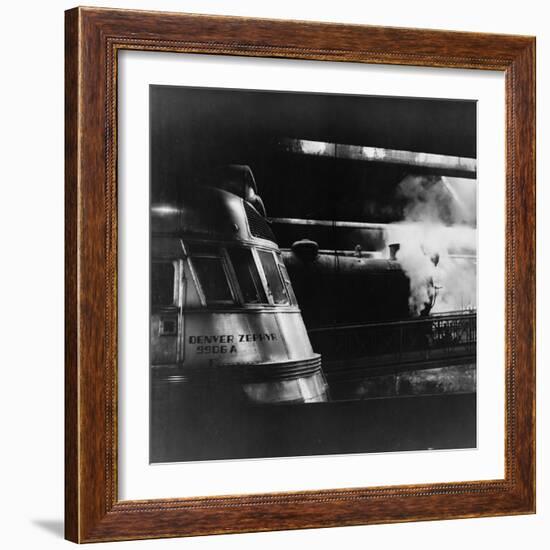 Steam and Diesel Engine at the Union Station, Chicago, c.1943-Jack Delano-Framed Photo