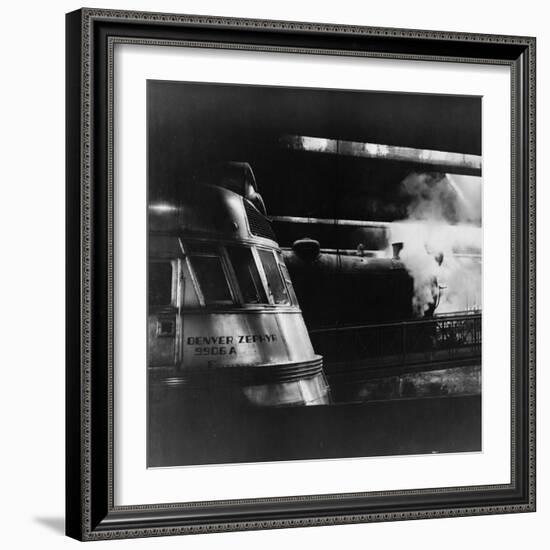 Steam and Diesel Engine at the Union Station, Chicago, c.1943-Jack Delano-Framed Photo