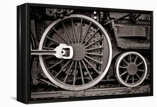 Steam Locomotive Wheel Detail In Warm Black And White-mishoo-Framed Stretched Canvas