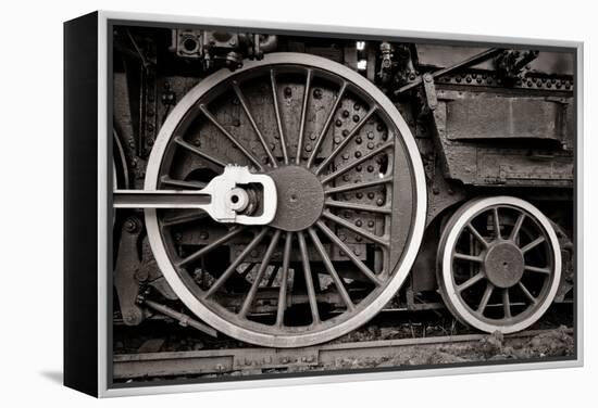 Steam Locomotive Wheel Detail In Warm Black And White-mishoo-Framed Stretched Canvas