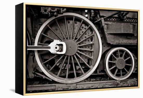 Steam Locomotive Wheel Detail In Warm Black And White-mishoo-Framed Stretched Canvas