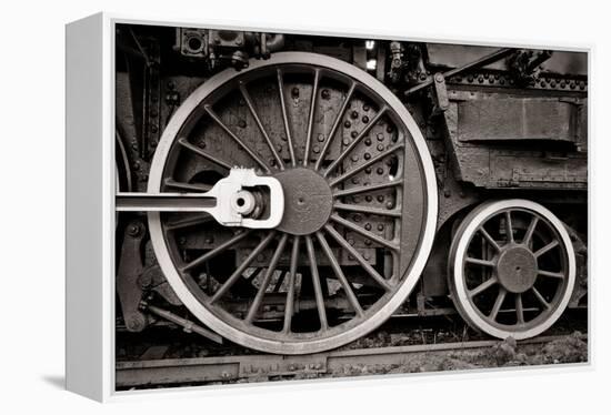 Steam Locomotive Wheel Detail In Warm Black And White-mishoo-Framed Stretched Canvas