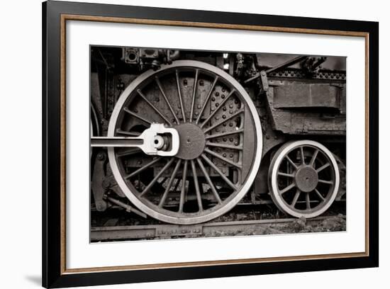 Steam Locomotive Wheel Detail In Warm Black And White-mishoo-Framed Art Print