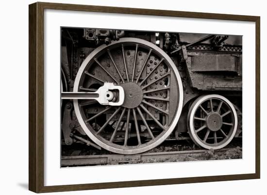 Steam Locomotive Wheel Detail In Warm Black And White-mishoo-Framed Art Print