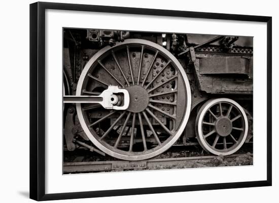 Steam Locomotive Wheel Detail In Warm Black And White-mishoo-Framed Art Print