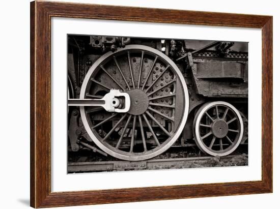 Steam Locomotive Wheel Detail In Warm Black And White-mishoo-Framed Art Print