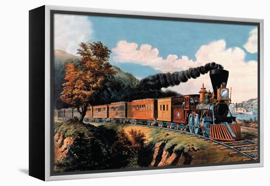 Steam Locomotive-Currier & Ives-Framed Stretched Canvas