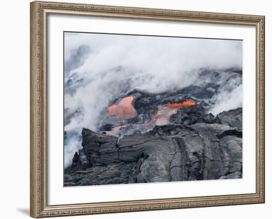 Steam Plumes from Hot Lava Flowing onto Beach and into the Ocean-Ethel Davies-Framed Photographic Print