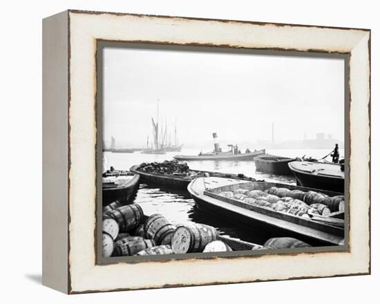 Steam Tug Moving Between Barges on the Thames, London, C1905-null-Framed Premier Image Canvas