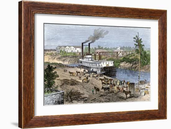 Steamboat Loading Cotton on Buffalo Bayou, Connected to the Gulf of Mexico, Houston, Texas, 1870s-null-Framed Giclee Print