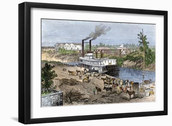 Steamboat Loading Cotton on Buffalo Bayou, Connected to the Gulf of Mexico, Houston, Texas, 1870s-null-Framed Giclee Print