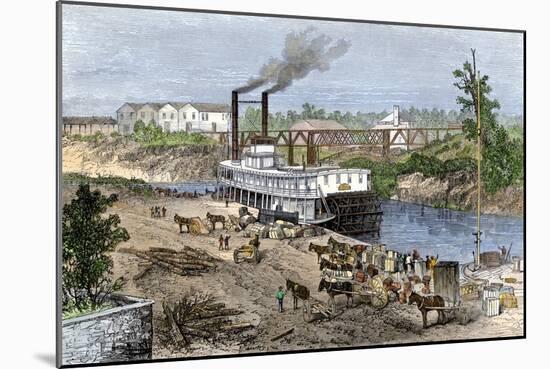 Steamboat Loading Cotton on Buffalo Bayou, Connected to the Gulf of Mexico, Houston, Texas, 1870s-null-Mounted Giclee Print