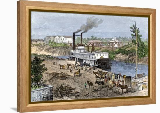 Steamboat Loading Cotton on Buffalo Bayou, Connected to the Gulf of Mexico, Houston, Texas, 1870s-null-Framed Premier Image Canvas