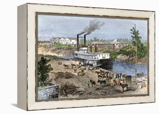 Steamboat Loading Cotton on Buffalo Bayou, Connected to the Gulf of Mexico, Houston, Texas, 1870s-null-Framed Premier Image Canvas