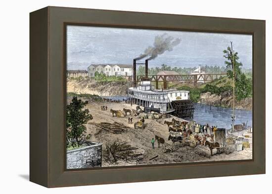Steamboat Loading Cotton on Buffalo Bayou, Connected to the Gulf of Mexico, Houston, Texas, 1870s-null-Framed Premier Image Canvas