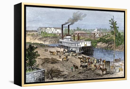 Steamboat Loading Cotton on Buffalo Bayou, Connected to the Gulf of Mexico, Houston, Texas, 1870s-null-Framed Premier Image Canvas