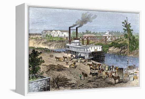 Steamboat Loading Cotton on Buffalo Bayou, Connected to the Gulf of Mexico, Houston, Texas, 1870s-null-Framed Premier Image Canvas