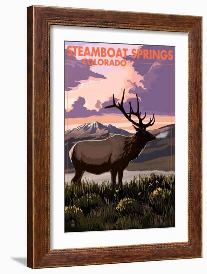 Steamboat Springs, Colorado - Elk and Sunset-Lantern Press-Framed Art Print