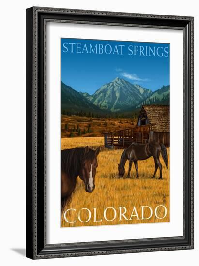 Steamboat Springs, Colorado - Horses and Barn-Lantern Press-Framed Art Print