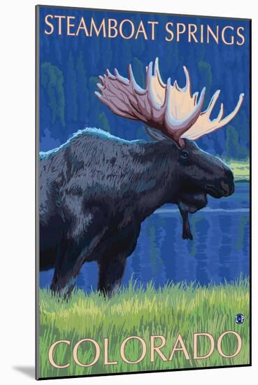 Steamboat Springs, Colorado, Moose at Night-Lantern Press-Mounted Art Print