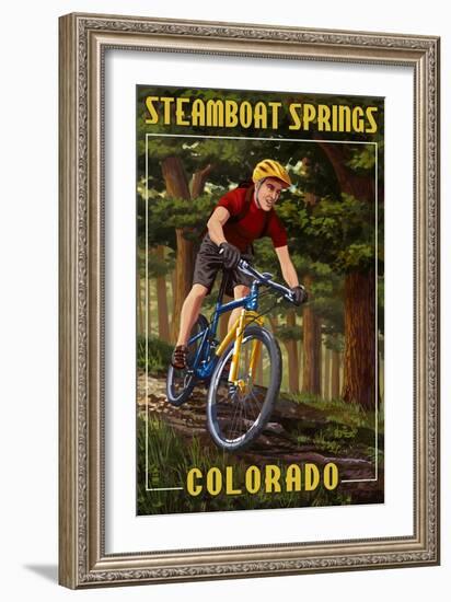 Steamboat Springs, Colorado - Mountain Biker in Trees-Lantern Press-Framed Art Print