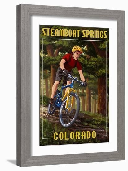 Steamboat Springs, Colorado - Mountain Biker in Trees-Lantern Press-Framed Art Print