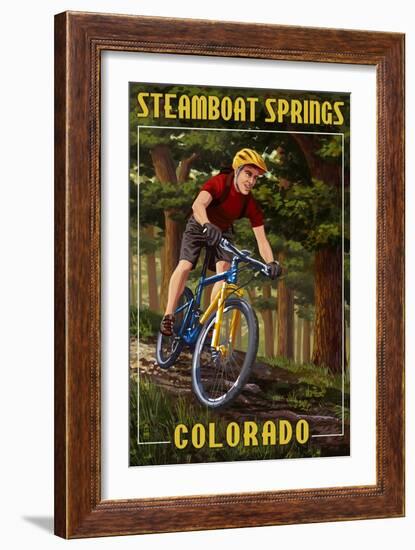 Steamboat Springs, Colorado - Mountain Biker in Trees-Lantern Press-Framed Art Print