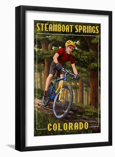 Steamboat Springs, Colorado - Mountain Biker in Trees-Lantern Press-Framed Art Print