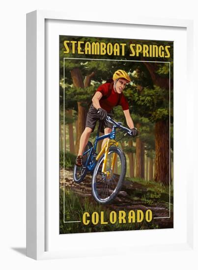 Steamboat Springs, Colorado - Mountain Biker in Trees-Lantern Press-Framed Art Print